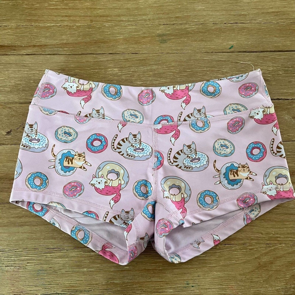 KFT Crossfit Cat Donuts Booty Shorts Spandex Athletic Pink Size M Kitties Logo - Picture 6 of 6